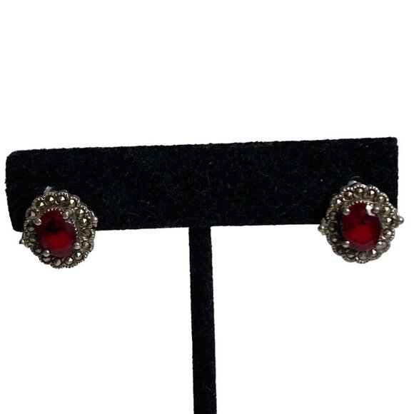 Marsala Sterling Silver Earrings Marcasite Ruby CZ Oval Studs Elegant Regal - Picture 2 of 7
